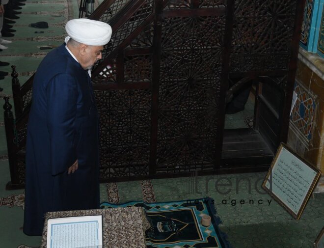 Festive prayer performed at Teze Pir mosque  Azerbaijan Baku april  10 2024
